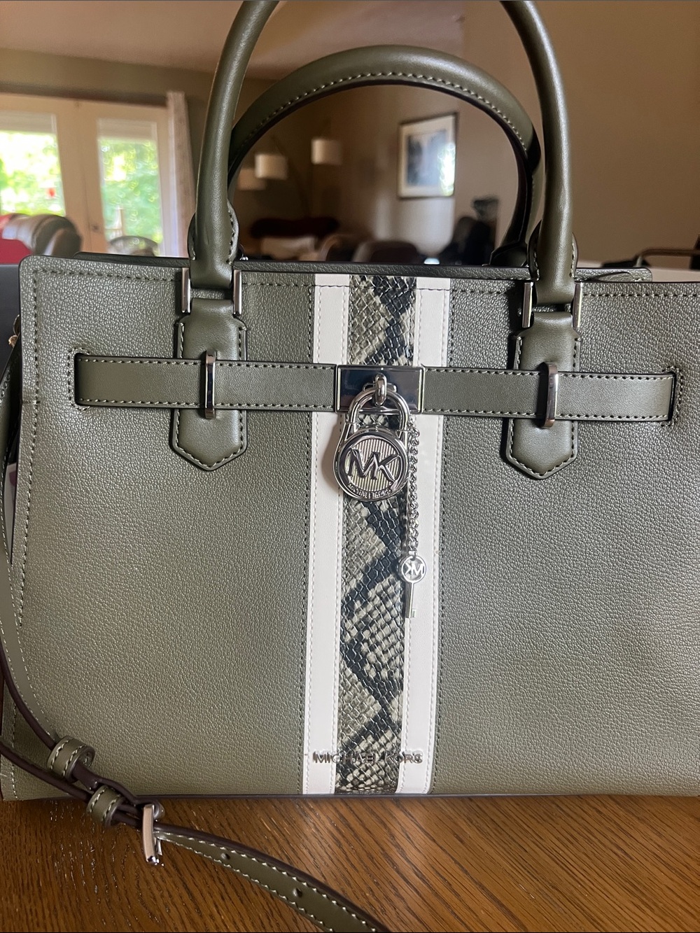 Michael Kors Olive Green Satchel with White and Snake-Print Stripe . Brand new